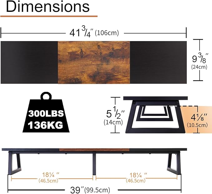 TEAMIX 42 inch Large Dual Monitor Riser, Extra Long Monitor Stand Riser for 2 Monitors, Wood & Steel Desktop Riser Desk Organization Home Office (Black+Brown, 42 inch)