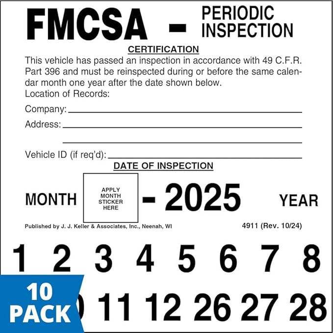 FMCSA Periodic Inspection Label 10-pk. - 5" x 5", Permanent Self Adhesive Vinyl - Meet DOT AVIR 49 CFR Part 396 Requirements
