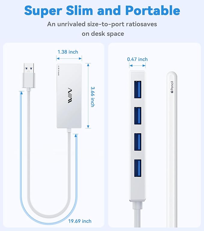 USB 3.0 Hub,4 Port USB Splitter Extender Portable Adapter Multiport Data Hub for Laptop,Xbox, Flash Drive,HDD,Console,Camera,Keyborad,Mouse Windows,Mac OS PC,Not Designed to Charge Devices-White