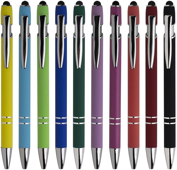 10-Pack Ballpoint Pens with Stylus Tip, Black Ink, 1.0mm Medium Point, Matte Metal Barrel, Assorted Colors – Soft Touch Grip for Office, School