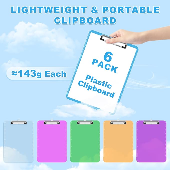 TOTiyea Clipboard (Set of 6), 12.5 x 9 Inch Multi Color, Plastic Clipboard with Low Profile Clip, 75 Sheets Capacity, Standard Letter Size A4