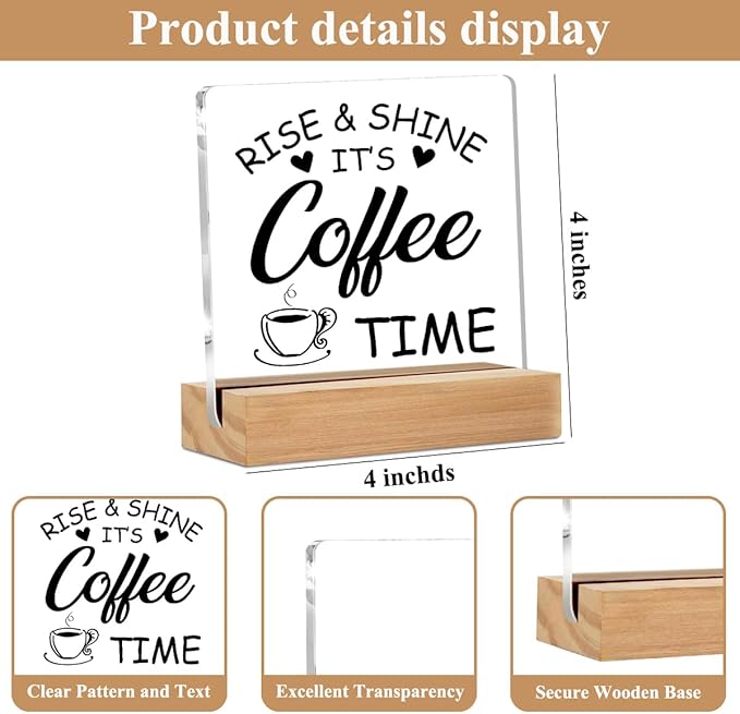 Coffee Bar Decor Acrylic Sign with Wood Stand, Coffee Lover Gifts Coffee Decor Coffee Shop Bedroom Living Room Desk Cubicle Coffee Table Shelf Decor, Coffee Gifts for Coffee Lovers Coffee Sign