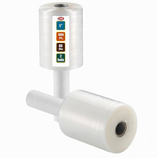 2 Pack Industrial Strength Mini Hand Stretch Wrap 5" 1000 Ft Roll 80 Gauge Thick, Shrink Wrap Roll for Moving Supplies, Furniture, Pallets, Plastic Wrap for Packing, Heavy Duty Stretch Film
