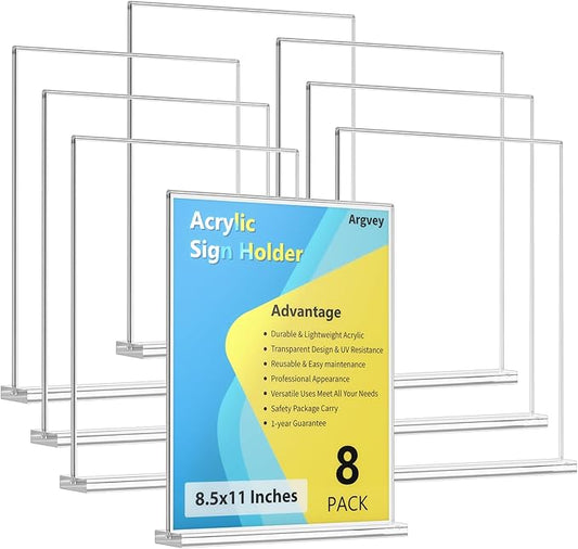 Argvey 8 Pack Acrylic Sign Holder 8.5 x 11 Vertical, Clear T Shape Table Menu Display Stand, Multi-function Plastic Double-Sided Paper Picture Frames Flyer Document Holder for Displaying