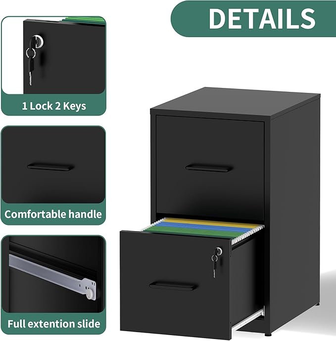 2 Drawer File Cabinet with Lock,Metal Vertical Filing Cabinets for Home Office,Heavy Duty File Storage Cabinet for Letter/Legal/A4/F4 Size File,Assembly Require (Black, Vertical 2 Drawer)