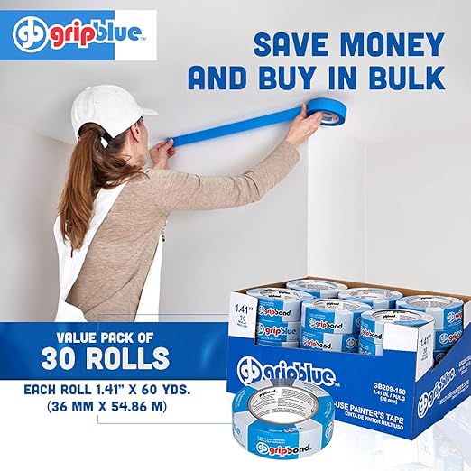 Blue Painters Tape 1.5 Inch Wide, 30 Rolls Masking Tape - Perfect for Precise Lines on Walls & Trim, Multi-Surface, Residue-Free, Easy Removal - Ideal for Indoor & Outdoor Use, 1.41in x 60yds