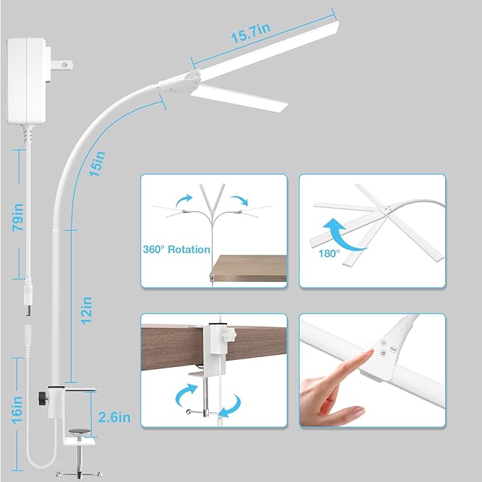 LED Desk Lamp, 31.5'' Wide Double Head Desk Lamps for Home Office, Dimmable 25 Lighting Modes 16W 1800lm Bright Desk Lighting, Eye Caring Architect Table Lamp for Workbench Monitor Study, White