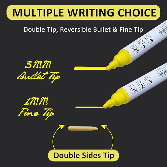 Bright Yellow Dry Erase Markers for Black Glass Board, 2-in-1 Reversible Dual Tip - Bullet & Fine, Easy Clean Grip Liquid Chalk Pens for Acrylic Board, 10 Pack