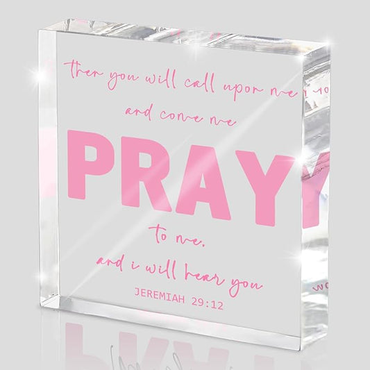 Pink Inspirational Decor- Bible Verse Art Christian Gifts for Women- Pink Acrylic Dorm Room Decor for Women - Pray to me- Office Desk Accessories Decor Sign 4x 4 Inches