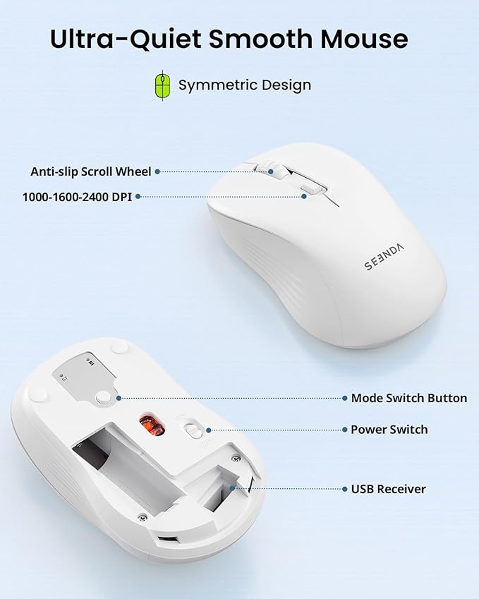 seenda Bluetooth Keyboard and Mouse, COE200 USB + Bluetooth Multi Device, Ergonomic Keyboard Mouse Set, Full-Size Wireless Combo Compatible for Mac OS/Windows PCs Computers Laptops MacBooks - White