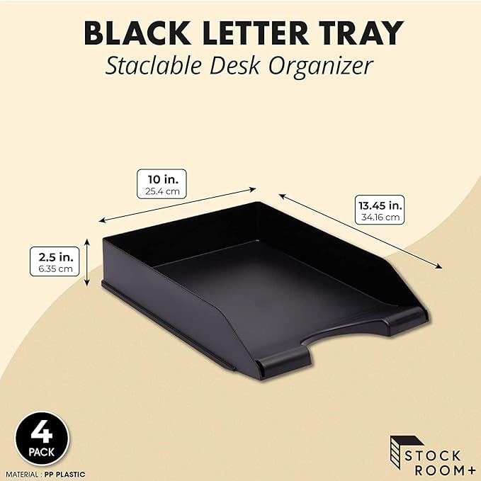 Stockroom Plus Letter Trays - 4-Pack, Black, 10 x 13.5 x 2.5 in - Stackable Paper Trays & Desktop File Organizer - Mail Organizer & Document Storage