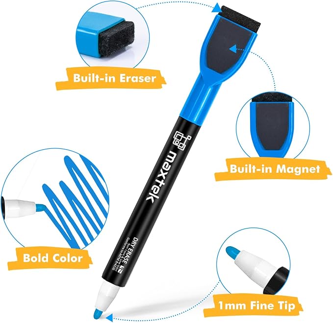 maxtek 36 Count Magnetic Dry Erase Markers, Fine Tip, 12 Colors, Low Odor Whiteboard Markers with Built-in Eraser