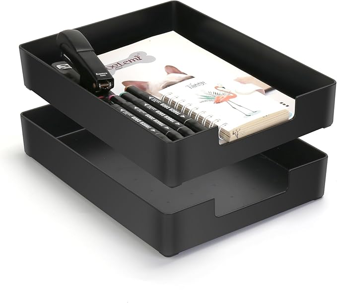 Letter-Size Tray, 2PCS Plastic Stackable A4 Paper Tray, Desk Drawer Organizer, Multi-use Large Storage Basket for Office Home Supplies,13 x 9.6 inch