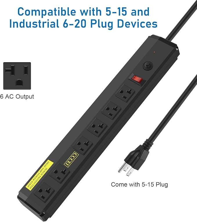 CCCEI Heavy Duty Power Strip Surge Protector 20 Amp, High Amp Industrial Shop Garage Metal Multiple Outlets, 4 FT 12 Gauge 5-15P Extension Cord 6 Outlet 6-20R T-Slot 20a for Appliance. Black.