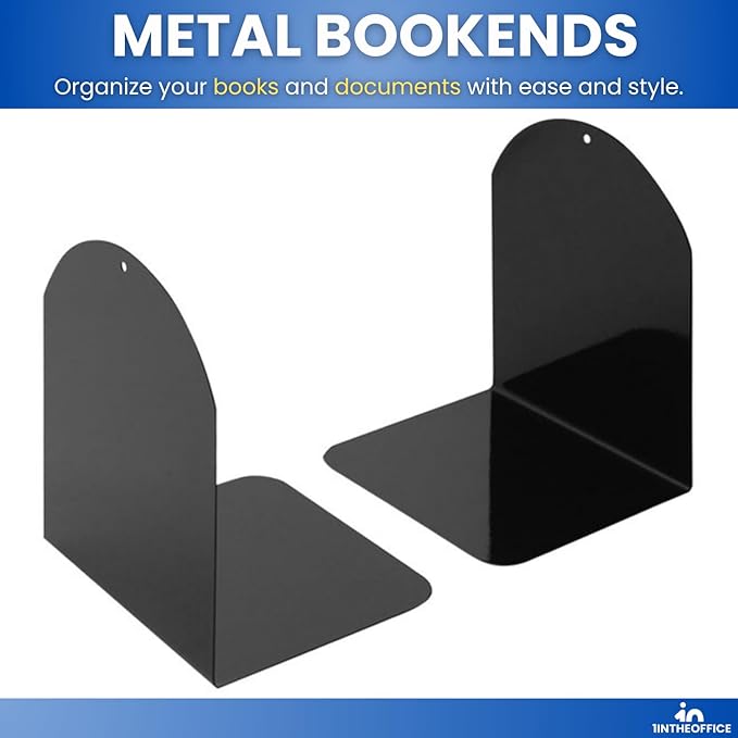 1InTheOffice Bookends for Shelves, Metal Bookends, 6" x 5" x 7", Magnetic, Black, 4 Pack