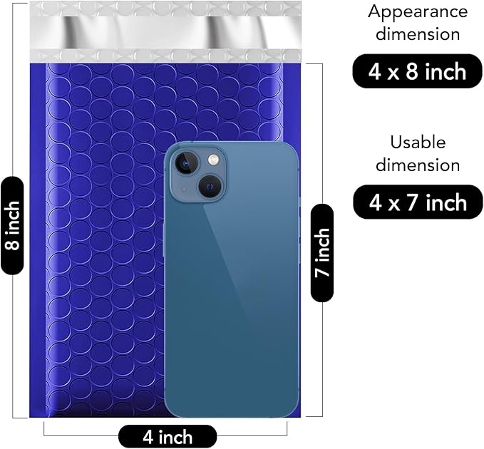 Fuxury 100Pcs 4x8 Bubble Mailers Royal Blue Shipping Padded Envelopes Usable Size 4x7' Waterproof Mailing Envelopes Bubble Padded for Mailing,Packaging, Small Business