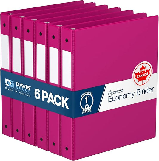 Premium Economy 6-Pack 3-Ring Binders for School or Office, Round-Ring Binders, 1 Inch, Pink