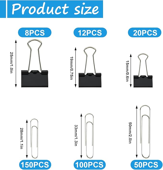 Binder and Paper Clips Set, 340 pcs Assorted Sizes in Container With Compartments - Silver Paper and Black Binder Clips for Home, School, Office Supplies