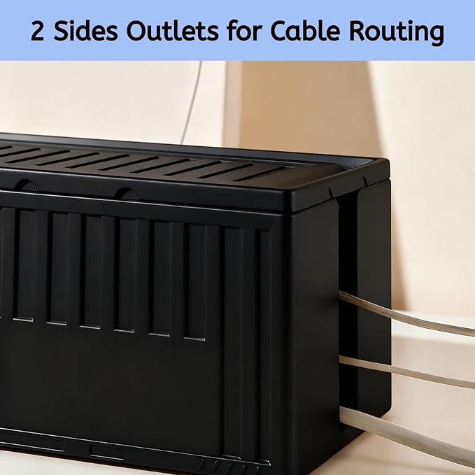 [142Pcs] Cable Management Kit with Cable Box, Medium Cord Hider Box to Conceal Power Strip Holder on Desk or Floor, Under Desk Cable Management Kit Cable Organizer Box, TV Cord Organizer Box, Black