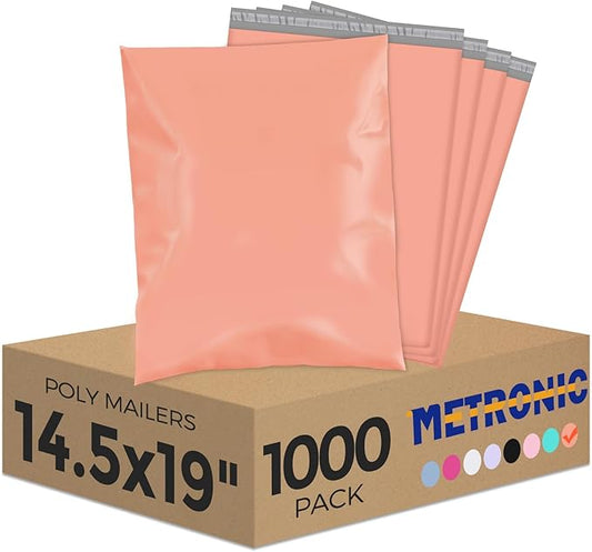 Metronic Poly Mailers 14.5x19 1000 Pcs, Medium Size Shipping Bags for Clothes, Large Poly Mailer Bags Bulk, Shipping Envelopes, Mailing Bags for Small Business, Strong Adhensive Poly Bags, Peach Pink