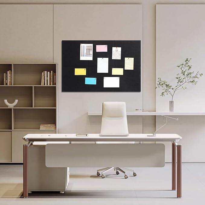 Large Cork Board 36" x 24", 6 Pack Felt Wall Tiles with 30 Pcs Pushpins, Bulletin Board with Removable Self-Adhesive Strips, Pin Boards Cork Boards for Walls Office Home Classroom Decor-Black