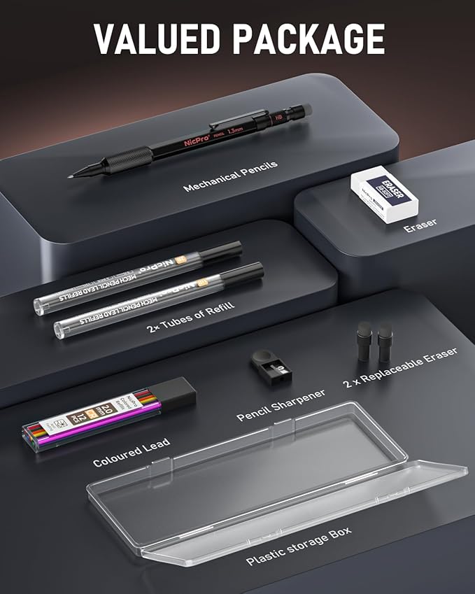 Nicpro 2mm Mechanical Pencils Set with Case, 12 Black Lead Refills,12 Colored Lead Refills, Erasers - MP2000 Weatherproof Metal Lead Holder, Heavy Duty Carpenter Pencil For Writing Drawing Woodworking