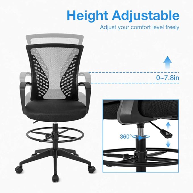 Drafting Chair Tall Office Chair Standing Desk Chair Adjustable Height with Arms Foot Rest Back Support Rolling Swivel Desk Chair Mesh Drafting Stool for Adults