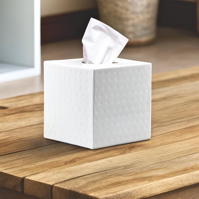 Monarch Abode Hand Hammered Tissue Box Cover Square, White Tissue Holder for Bathroom, Square Metal Dresser Accessories for Home, Decorative Tissue Box Holder, Classic White Handcrafted Tissue Cover