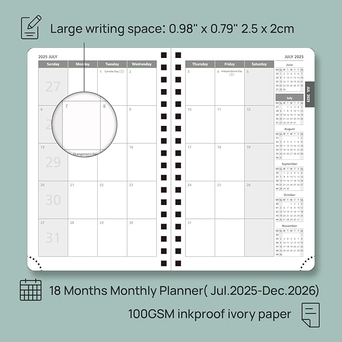 POPRUN Monthly Planner 2025-2026 Pocket Size (4" x 6.25") 18 Months Calendar (Jul 2025 - Dec 2026) - 4 Pages per Month with Monthly Expense & Notes, Sunday Start, Leather Cover - Pacific Green