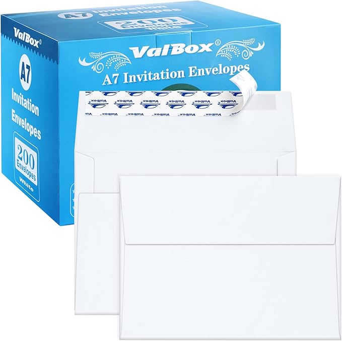 ValBox 200 Qty A7 Invitation Envelopes 5 x 7, 120GSM White Kraft Paper Envelopes for 5x7 Cards, Self Seal, Weddings, Invitations, Baby Shower, Stationery, Office, 5.25 x 7.25 Inches