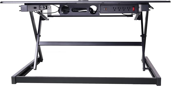 Rocelco 40" Height Adjustable Standing Desk Converter with AC Outlet USB Charger and Dual Monitor Arm Mount - Sit Stand Up Tabletop Riser - Sliding Keyboard Tray - Black (R DADRB-40-ACUSB-DM2)