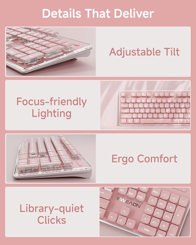 V3 Wireless Keyboard and Mouse with Single Backlit, Metal Panel, Bluetooth/2.4G Rechargeable Computer Keyboard and Mouse Combo Silent Lighted Full Size Cute Keyboards-Pink