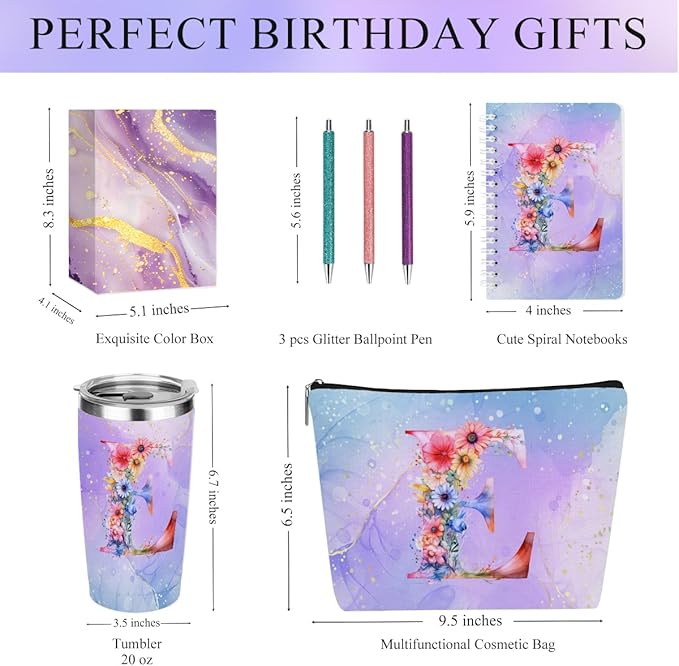 Personalized Gifts Monogrammed Birthday Gifts for Women, Daughter Bestie Friendship Christmas Initial 20 oz Tumbler, Makeup Bag Cup Ballpoint Pens Journal Notebook 6 Set, (Aesthetic Purple Flower E)