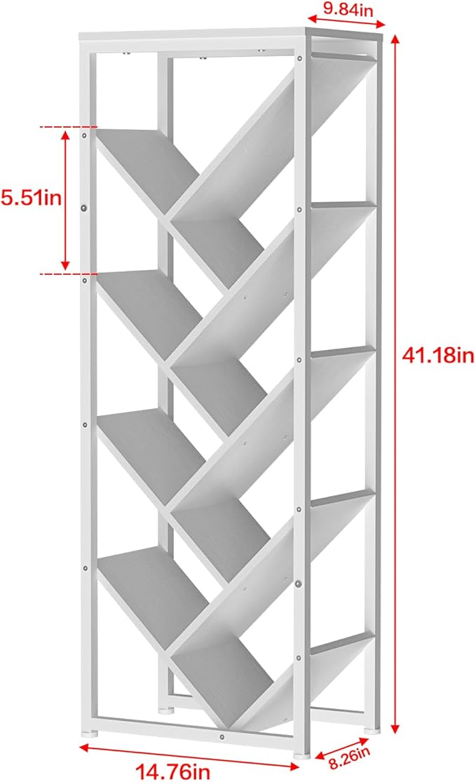 9 Tier Tree Bookshelf - White Book Shelf Floor Standing Modern Bookcase for Hardcover Books, Small Bookshelf for Small Spaces Bookshelves Wooden Book Storage Organizer Shelves for Bedroom Living Room