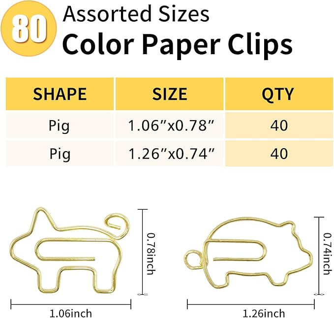 80 Pcs Gold Animal Pig Creative Metal Paper Clips - Fun Pig School Supplies for Pig Lovers(Gold Pig)