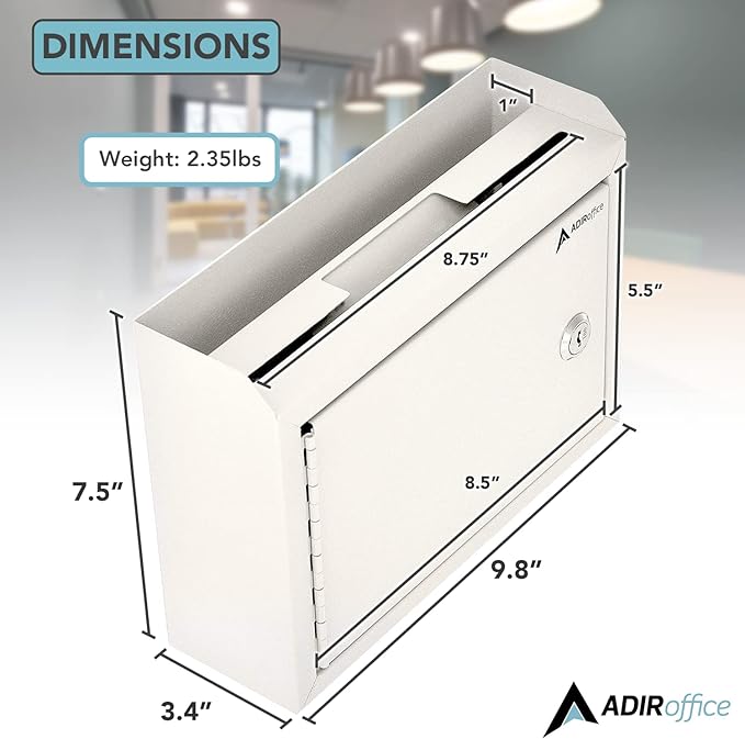 Adir Suggestion Box with Slot and Lock - Money Drop Box with Lock, Cash Dropbox - 9.8x7.5x3.4 Inches Wall Mount Donation Box - Metal Deposit Box in White
