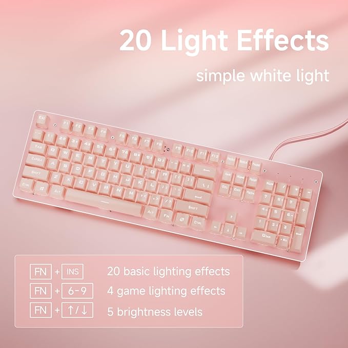 EWEADN TK100 Typewriter Keyboard Wired Mechanical Keyboard, 104 Keys Aesthetic Typewriter Keyboards with White Backlit, Anti-Ghosting, Blue Switch Wired Cute Keyboards-Pink
