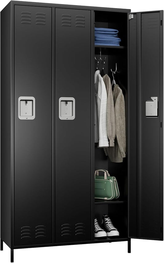 3 Doors Metal Lockers for Employees with Lock, Metal Locker with 9 Hooks for School Garage Office Gym Home,Assembly Required,Black
