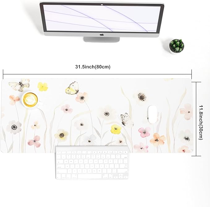 Colorful Star Large Mouse Pad, Watercolor Floral Desk Mat Office Supplies, Waterproof PU Leather Gaming Mousepad for Women Girls, Butterflies Desk Pad Home Office Décor Accessories 31.5" x 11.8"