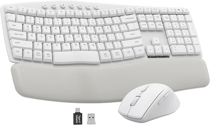 White Wireless Keyboard and Mouse Combo for MacBook & Windows, 30dB Quiet Ergonomic Keyboard Set with Wave Keys & Soft Palm Rest, Silent Typing, Dual-System Switch, Ideal for Home Office—Sablute