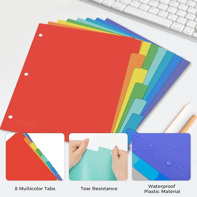 SUNEE 8 Tab Binder Dividers,Plastic Dividers for 3 Ring Binder,3 Ring Binder Dividers with Tabs for School Office Home Supplies,Bright Color, 2 Set