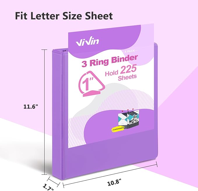 ViVin Sturdy 1 Inch D Ring Binders, 3 Ring Binders with 2 Pockets, Hold 225 Sheets of US Letter Size Paper for Office,Home,School, 6 Pack (Purple)