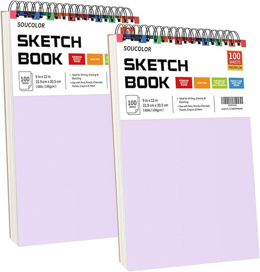 Soucolor 9" x 12" Sketch Book - 2 Packs, 100-Sheets Each (68lb/100gsm) Drawing Pad for Girls and Women - Christmas, Birthday, Thank You Gifts and Stocking Stuffers