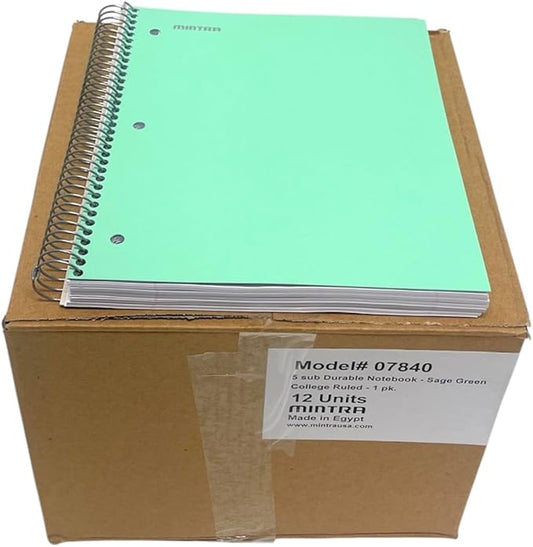 Mintra Office Durable Spiral Notebooks, 5 Subject (Sage Green, College Ruled 12pk)