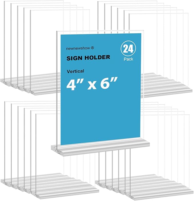 newnewshow 4x6 Inch Clear Acrylic Sign Holder, Display Stand, Plastic Card Holder for Business, Office, Retail (4x6 Inch 24 Pack)