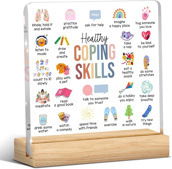 Therapy Office Decor, School Counselor Gifts, Mental Health Office Desk Decor, Gifts for Women Counselor Psychologist Therapist, Healthy Coping Skills Acrylic Sign for Halloween Christmas Gift