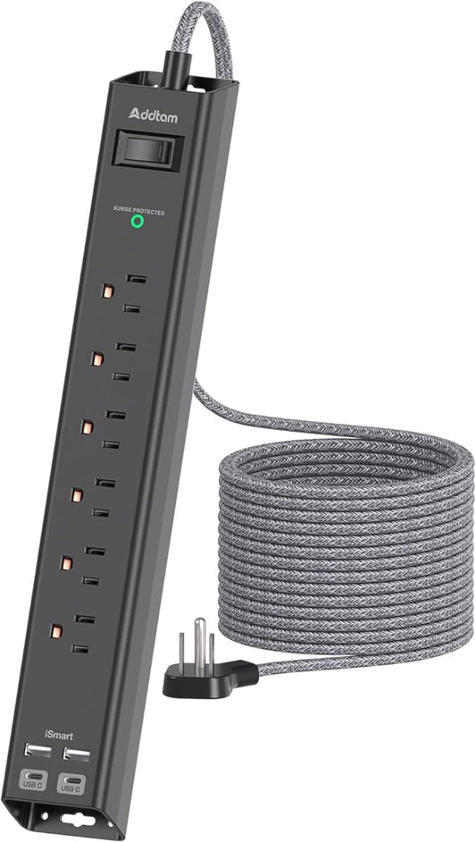 Extension Cord with Multiple Outlets 10 Ft - Power Strips with Surge Protection, Flat Plug with 6 AC Outlets 4 USB (2 USB-C Ports), Wall Mount Outlet Extender for Home Office Dorm Room Essentials