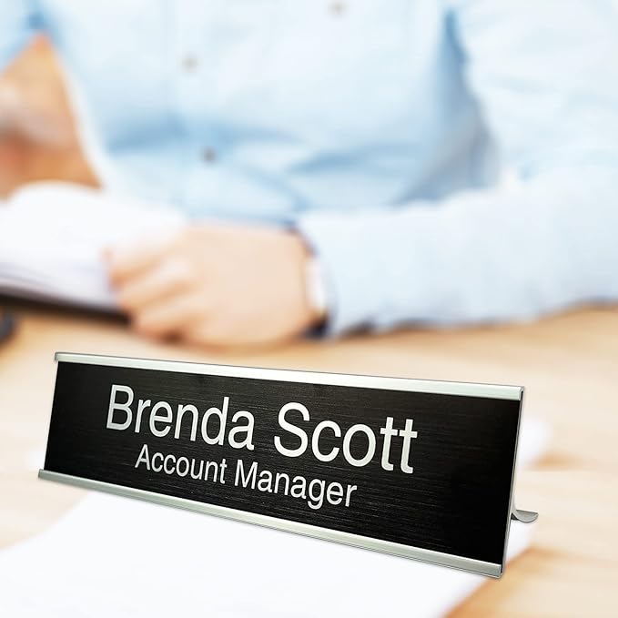 2" x 10" Personalized Aluminum Name Plates, Custom Office Desk or Wall Name Plates with Two Lines of Custom Texts, Three Name Plate Colors Silver, White, Black, Holders are Optional