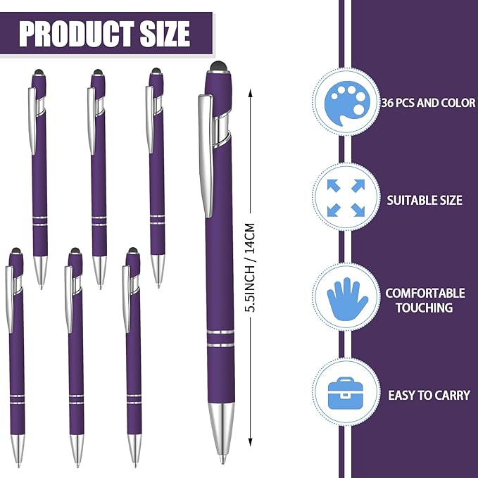 36 Pcs Blue Ink Ballpoint Pen with Stylus 2 in 1 Ballpoint Pen for Touch Screens School Office Coworkers (Deep Purple)