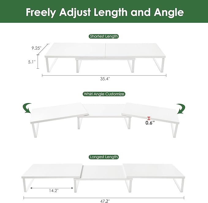 Dual Monitor Stand Riser w/ Drawer & Metal Leg, Large White Computer Monitor Riser w/ Storage For 2 Screens, Desk Shelf w/ Adjustable Length & Angle, Desktop Organizer